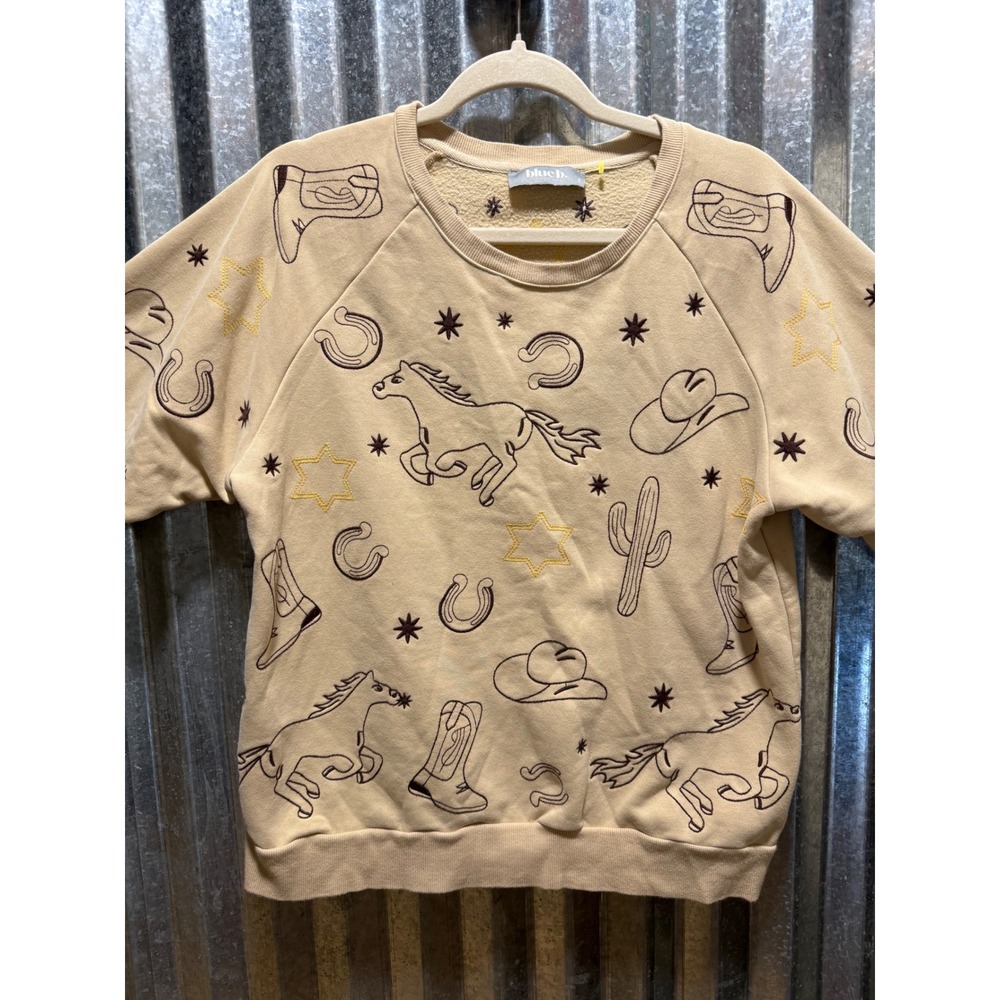 Blue B. Collection Western Graphic Sweatshirt Tan Horse Cowboy Boot Small